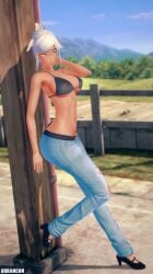 1girls against_wall arrancon bra half-dressed half_naked half_naked_female pants pose posing purple_eyes ripped_pants robyn_hill rwby solo_female tan_body tan_skin white_hair white_hair_female