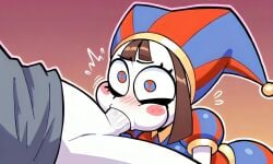 1boy 1girl ai_generated blowjob blush blush_stickers brown_hair cum cum_in_mouth curvy deepthroat deepthroat_no_hands fellatio female female_focus jester jester_cap jester_hat jester_outfit male medium_breasts motion_lines multicolored_eyes oral oral_sex pixai pomni_(the_amazing_digital_circus) puffed_cheeks saliva shortstack simple_background straight the_amazing_digital_circus xddcc