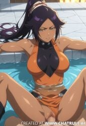 ai ai_generated blurry female female hentai pool purple_hair sex_in_water shihouin_yoruichi vaginal_penetration yellow_eyes