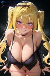 ai ai_assisted ai_generated anime artist_name bare_shoulders black_background black_choker black_shirt blonde_hair blush bra bra_strap breasts choker cleavage collarbone cowboy_shot dibzprintz fansly female grin hair_between_eyes hair_intakes hi_res high_quality high_resolution highres huge_breasts large_breasts leaning_forward lieselotte_sherlock long_hair long_sleeves looking_at_viewer off_shoulder panties panty_pull pink_bra pink_panties pulled_by_self purple_eyes pussy shirt simple_background smile solo sweat thigh_gap thighs trinity_seven twintails underwear v-shaped_eyebrows watermark