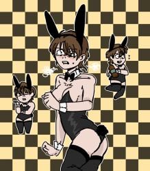 aged_up black_legwear black_thighhighs blush bowtie brown_hair buckteeth bunny_ears bunnysuit checkered_background chibi detached_collar female female_only gegege_no_kitarou genderswap_(mtf) hair_over_one_eye hakaba_kitarou kitarou medium_breasts playboy_bunny rule_63 short_hair solo thighhighs