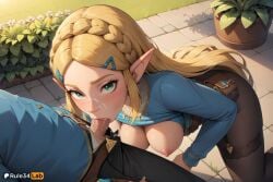 1boy 1boy1girl 1girls ai_generated all_fours artist_name black_pants black_pantyhose blonde_hair blowjob blue_shirt blush braid breasts breasts_out breath_of_the_wild clothes_lift crown_braid cum cum_in_mouth facial fellatio forehead green_eyes hair_ornament hairclip hi_res kneeling large_breasts long_hair long_sleeves looking_at_viewer nintendo nipples oral outdoors pants pantyhose parted_bangs patreon_logo patreon_username penis plant pointy_ears princess_zelda rule34lab shirt_lift solo_focus straight the_legend_of_zelda the_legend_of_zelda:_breath_of_the_wild uncensored zelda_(breath_of_the_wild)
