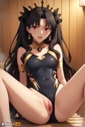 1girls ai_generated anus armlet artist_name bare_shoulders black_hair black_one-piece_swimsuit blush breasts clothing_aside covered_navel crown earrings fate/grand_order fate_(series) hair_ribbon hi_res highleg highleg_swimsuit hoop_earrings ishtar_(fate) ishtar_(fate)_(all) ishtar_(fate/grand_order) jewelry long_hair looking_at_viewer medium_breasts one-piece_swimsuit open_mouth parted_bangs pussy red_eyes ribbon rule34lab sitting solo spread_legs swimsuit swimsuit_aside thighs tiara two_side_up uncensored upper_teeth_only wooden_wall