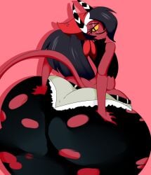 demon demon_girl denizen1414 hands_on_butt helluva_boss looking_back midriff sallie_may_(helluva_boss) shorts simple_background stockings tail torn_clothing