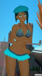 1girls arrancon bikini bikini_skirt bikini_top blue_eyes ciel_soleil cleavage dark-skinned_female dark_blue_hair half-dressed half_naked half_naked_female rwby solo_female