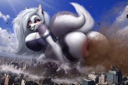 1girls ai_generated anthro anus ass big_ass big_breasts breasts city crop_top ears female furry giantess gothic grey_body grey_fur grey_hair hellhound helluva_boss huge_ass huge_breasts long_hair looking_at_viewer looking_back loona_(helluva_boss) perchance_ai pooping red_sclera scat shirt smile tail white_body white_eyes white_fur wolf wolf_girl