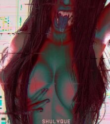 1girl 3d 3d_(artwork) big_breasts black_hair breast_hold breasts creepy female female_only glitch hair_over_face long_hair mileena mileena_(new_era) monster_girl mortal_kombat mortal_kombat_11 pinup saliva saliva_drip shulyque tagme teeth tongue tongue_out wet wet_body wet_breasts
