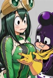 1boy 1girls ai_generated bodysuit breast_grab hero_outfit_(mha) minoru_mineta my_hero_academia nervous tsuyu_asui