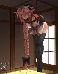 1boy alternate_costume artist_logo ass ass_cheeks astolfo_(fate) bare_ass biting_lip biting_own_lip bondage braid braided_hair buttcheeks captured clothed clothed_femboy clothed_male commission commission_art commissioner_upload crossdressing crossdressing_male dangling_legs fate/grand_order fate_(series) femboy fishnet_clothing fishnets hair_ribbon japanese_architecture japanese_room kunoichi long_hair ninja palegloss pink_eyes pink_hair rope rope_bondage shibari_over_clothes spanked spanked_ass spanked_butt spanking suspension suspension_bondage thigh_highs thighhighs white_hair