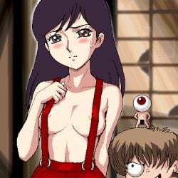 1girls areola_slip bar_censor black_hair blush embarrassed eyeball_head female female_focus gegege_no_kitarou hakaba_kitarou kitarou long_hair looking_at_viewer medama_oyaji medium_breasts miniboy neko_(gegege_no_kitarou) no_bra oekaki pixel_art suspenders sweatdrop