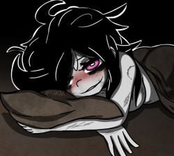 1girls 2d after_sex ashley_graves ass bed bite_mark black_hair blush breasts female female_only looking_at_viewer lying_on_bed lying_on_stomach pink_eyes rclisk324 sheets solo solo_female the_coffin_of_andy_and_leyley