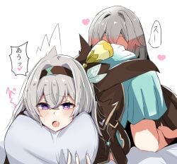 2girls akabeko123 aqua_dress blush brown_hairband dress firefly_(honkai:_star_rail) grey_hair hair_between_eyes hair_intakes hair_ornament hairband heart highres holding holding_pillow honkai:_star_rail honkai_(series) implied_cunnilingus multiple_girls on_bed open_mouth oral pillow purple_eyes simple_background stelle_(honkai:_star_rail) sweatdrop trailblazer_(honkai:_star_rail) white_background yuri
