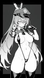 1girls ai_generated belly belly_button black_thighhighs female fingerless_gloves gun hair_feathers hololive hololive_english hololive_english_-council- hololive_english_-promise- long_hair monochrome nanashi_mumei navel police_hat police_uniform policewoman slingshot_swimsuit thighs virtual_youtuber