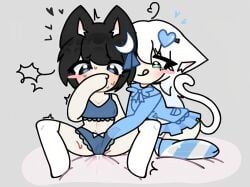 2girls blue_eyes cat_ears cat_tail cum_leaking emi female fingering green_eyes heart panties self_upload socks tease vulnerable vulnerable_expression wakat wormcats