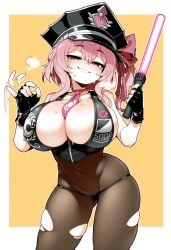 1girls ai_generated alternate_breast_size ass belly black_hat black_pantyhose blush covered_navel female handjob_gesture huge_breasts nijisanji nijisanji_en pink_hair red_eyes rosemi_lovelock sesshouin_kiara_(swimsuit_mooncancer)_(cosplay) smile smug steam sweat teasing thighs virtual_youtuber