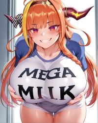ai_generated bent_over blush dragon_girl grabbing_own_breast hololive horns huge_breasts kiryu_coco large_breasts mega_milk milf orange_hair presenting_breasts silvesta smile smug squeezing_breast teeth thick_thighs