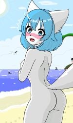 ass beach blue_eyes blue_hair blush breasts furry sea suprised suprised_look tail white_body white_fur wolfychu