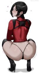 1girls ada_wong aelion_draws anus ass black_boots black_gloves black_hair boots choker closed_mouth eyelashes female from_behind full_body gloves greyscale harness hi_res high_heel_boots high_heels lips looking_at_viewer looking_back nude pussy resident_evil simple_background solo squatting thigh_boots white_background