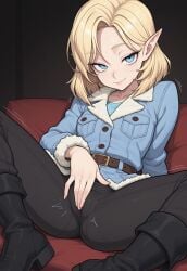 adaine_abernant ai_generated bedroom_eyes belt black_pants blonde_hair blue_coat blue_eyes blue_undershirt boots civitai clothed clothing dimension_20 elf fantasy_high female flirting_look fur_trim hand_on_crotch looking_at_viewer medium_hair pointy_ears rubbing_crotch seductive seductive_look seductive_smile sitting spread_legs