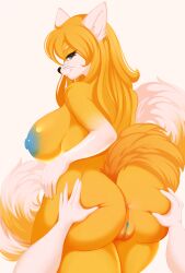 absurd_res akatosh anthro anus areola ass bedroom_eyes big_breasts big_butt blue_areola blue_eyes blue_nipples blue_vulva breasts canid canine female fox fukksitacin fur hair hi_res huge_breasts huge_butt long_hair mammal narrowed_eyes nipples nude seductive simple_background smile solo spread_butt spreading white_body white_fur yellow_anus yellow_body yellow_fur