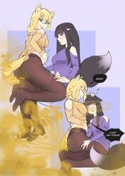 arejay big_belly black_hair bloated_belly blush bubble_butt cat_ears cat_girl cat_tail catgirl enjoying_farts fart fart_cloud fart_fetish farting_on_lap female green_eyes hearts_around_head sitting_on_lap sweater teasing yuri