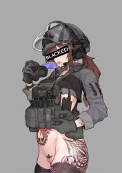 1girl blacked blacked_tattoo bottomless chest_rig covered_eyes deepthroat_training female female_focus female_only gag gas_mask headphones headphones_on_head headphones_over_headwear helmet_with_visor no_bra no_panties open_mouth ponytail pussy qos qos_tattoo queen_of_spades saliva saliva_trail tactical_clothes tactical_gear tactical_gloves tactical_nudity tactical_vest thighhighs third-party_edit vibrator vibrator_in_pussy