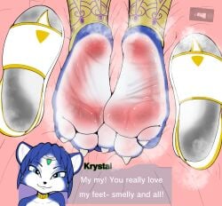 1girls 3_toes anthro blue_hair bodily_fluids canid canine clothing countershade_feet countershading digital_media_(artwork) dummycervine english_text feet female female_anthro female_only foot_fetish foot_focus footprint footprint_in_shoe footwear fox genital_fluids hair hi_res humanoid_feet krystal krystal_(star_fox) looking_at_viewer mammal nintendo plantigrade shoes shoes_removed smell smelly smelly_feet soles solo solo_female star_fox steam text toes