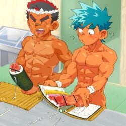 1:1 2boys ? abs after_orgasm ball_squish bandage bandaged_wrist beefy biceps big_hands big_head big_penis blurry_background blush censor_bar censored censored_penis closed_eyes collarbone completely_nude confused cross_scar cum cum_drip cum_on_balls cum_on_food cum_splatter cum_string cyan_hair dripping dripping_cum erection food food_on_penis food_play frown gay hachimaki headband hi_res holding_penis huge_cock indoors kitchen laugh long_penis male male_only mature_male muscles muscular muscular_arms muscular_male okulain original original_character pecs pointless_censoring red_glans red_hair retracted_foreskin rice scar scar_on_chest scar_on_face scar_on_forehead semen short_hair small_pupils spiky_hair squish standing sticky_cum sushi tan tan_body tanline thick_eyebrows thick_penis tough_guy triceps uncircumcised uncut veiny_penis wrapping yaoi young