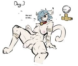 absurd_res anthro balls bandage big_penis blue_hair blush breasts count day_count domestic_cat erection felid feline felis genitals gynomorph hair hi_res humanoid_genitalia humanoid_penis intersex lia_(notsafeforweh) mammal meme muscular muscular_gynomorph muscular_intersex nipples no_nut_november notsafeforweh nude number orgasm_denial penis sitting solo speech_bubble text white_body
