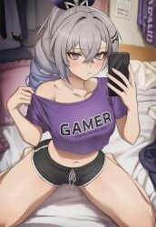 1girls ai_generated bare_shoulders bed belly_button blush breasts collarbone crop_top curvy hi_res highres hips honkai:_star_rail honkai_(series) kneeling long_hair looking_at_viewer medium_breasts midriff navel phone selfie shirt sidillusts silver_eyes silver_hair silver_wolf_(honkai:_star_rail) slender_waist slim_waist solo stomach thick_thighs thighs thin_waist wide_hips