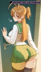 1girls 2025 ai_generated artist_name ass blush brown_eyes brown_hair electroworld female green_skirt hi_res high_quality high_resolution highres highschool_of_the_dead long_hair patreon patreon_username rei_miyamoto school_uniform serafuku skirt solo stable_diffusion sweat thighhighs tile_wall watermark