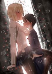 1boy absurdres ahoge arcueid_brunestud black_hair blonde_hair blush breasts censored clothes_lift commentary couple cyrilashnmsh female from_side glasses highres huge_breasts large_breasts leg_lock male nipples pantyhose red_eyes school_uniform sex short_hair souya_high_school_uniform standing standing_leg_lock standing_missionary standing_sex steam steaming_body sweat sweater sweater_lift tohno_shiki torn_clothes torn_pantyhose tsukihime tsukihime_(remake) vaginal_penetration