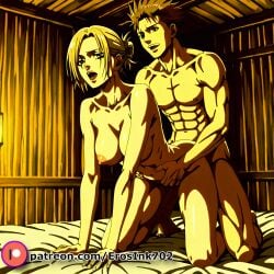 1boy abs ai_generated all_fours anime anime_girl annie_leonhardt ass attack_on_titan bangs bed bed_sheet bedroom blonde_hair blue_eyes blush boots breast_strap breasts collarbone completely_nude cum cum_in_pussy cum_inside doggy_style dripping dripping_cum dripping_pussy dripping_semen female folded_ponytail grabbing_sheets grabbing_waist hair_bun indoors large_breasts legs legs_open looking_back luka45 male medium_breasts movement_lines muscular necklace nipples nude on_bed open_mouth parted_bangs parted_lips patreon patreon_reward patreon_url patreon_username penetration penis penis_in_pussy pillow pussy saliva saliva_drip semen sex sex_from_behind shingeki_no_kyojin short_hair solo_focus straight sweat text tongue tongue_out torso_grab watermark web_address wet white_bed white_bed_sheet