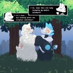 1:1 2024 absurd_res android anthro areola biped blue_nipples bovid breasts caprine darkner deltarune deltarune_chapter_2 duo english_text felid feline female female/female floating_hands fur goat grass hair heart_symbol hi_res looking_at_another machine mammal nipples nude pink_nipples plant pressing_breasts_together public robot slightly_chubby speech_bubble tasque_manager_(deltarune) text tongue tongue_out toriel tree undertale undertale_(series) white_body white_fur yellowhighlite