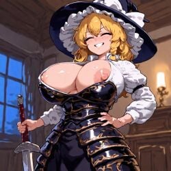 1girls ai ai-created ai_art ai_assisted ai_generated areolae armor blonde_hair blurry blush breasts bursting_breasts cleavage closed_eyes cowboy_shot female grin hand_on_hilt holding holding_sword holding_weapon huge_breasts indoors long_hair marisa_kirisame nipples smile solo solo_female sword touhou witch_hat