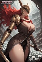 1girls ai_generated armor armwear artoonizer big_ass big_breasts covered_eyes dress elden_ring female fromsoftware gloves helmet large_breasts light-skinned_female light_skin long_hair malenia_blade_of_miquella patreon patreon_username posing prosthesis prosthetic_arm red_hair single_mechanical_arm solo solo_female solo_focus standing sword thick_thighs weapon wide_hips