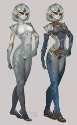 3_eyes 4_fingers 4_toes alien belly breasts cetacean clothing dolphin featureless_breasts feet female fingers front_view genitals gills grey_body grey_skin humanoid kiguri mammal marine monster monstrous_humanoid multi_eye nude red_eyes simple_background solo starbound tentacle toes toothed_whale vulva