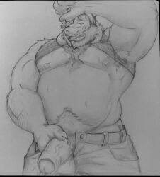 anthro armpit armpit_hair asgore_dreemurr balls bara beard dad_bod deltarune facial_hair flaccid furry goat horns male male_only monochrome muscles muscular necronomikun peeing penis penis_out solo solo_male sweat sweating traditional_media_(artwork) undertale urination urine urine