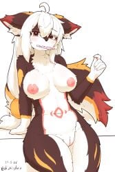2024 2:3 5_fingers :3 absurd_res accessory ahoge anthro areola arm_markings belly belly_markings big_breasts big_tail biped black_nose blush blush_lines breasts brown_body brown_ears brown_eyes brown_fur brown_tail canid canine chest_tuft claws colored countershade_face countershade_fur countershade_legs countershade_tail countershade_torso countershading curvy_figure digital_media_(artwork) dipstick_ears dipstick_tail ear_markings eyelashes female female_anthro finger_claws fingers fluffy fluffy_tail front_view fur genitals gloves_(marking) hair hair_accessory hi_res humanoid_hands inner_ear_fluff innie_vulva kemono leg_markings long_hair looking_at_viewer mammal markings monotone_hair mouth_hold multicolored_body multicolored_ears multicolored_fur multicolored_tail navel nipples nude pen pen_in_mouth pink_areola pink_body pink_fur pink_markings pink_nipples portrait pupils red_body red_ear_tips red_ears red_fur red_tail red_tail_tip shaded shiokisylvia simple_background simple_shading snaggle_tooth solo standing tail tail_markings three-quarter_portrait tuft vulva white_background white_body white_claws white_countershading white_fur white_hair white_inner_ear white_inner_ear_fluff white_tail wide_hips yellow_body yellow_ears yellow_fur yellow_markings yellow_tail