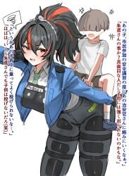 ahoge ass big_ass big_breasts big_butt big_thighs black_hair blue_jacket boy female from_behind grey_pants hand_on_own_hip handlebar high-waist_pants horn/wood huge_ass huge_belly huge_breasts huge_butt jacket large_ass large_breasts long_sleeves multicolored_hair pants perching_position ponytail red_eyes red_hair size_difference small_dom_big_sub smaller_male solo spoken_question_mark streaked_hair younger_male zenless_zone_zero zhu_yuan