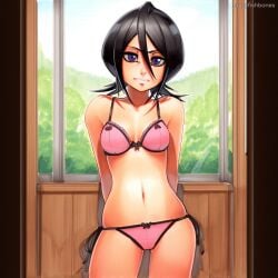 2025 ai_generated artist_name black_hair bleach bra breasts crazyfishbones female kuchiki_rukia navel panties pink_bra pink_panties solo underwear