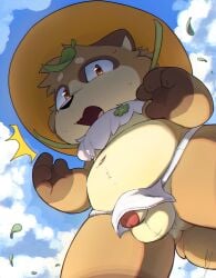 anthro asian_clothing balls bj_(artist) blue_sky bodily_fluids brown_body canid canine clothing cub east_asian_clothing flaccid fundoshi fur furry furry_only gay genitals hi_res japanese_clothing leaf low-angle_view male male_cub male_only mammal penis raccoon_dog sky slightly_chubby solo surprise sweat sweatdrop tanuki underwear