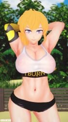 1girls arrancon blonde_hair breasts cleavage clothed_female hands_behind_head ponytail purple_eyes rwby see-through see-through_clothing see-through_top solo_female yang_xiao_long