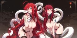 ahoge bare_belly belly_button big_breasts black_panties blue_eyes blush breasts brown_eyes brown_thighhighs closed_mouth crossover detached_collar ear_piercing earrings erza_scarlet fairy_tail fairy_tail_mark fangs garter_belt garter_straps hair_ornament high_school_dxd lace-trimmed_panties lingerie long_hair mitsu_art nipples no_bra open_mouth panties red_hair rias_gremory shiny_skin smile snake tattoo thick_thighs thighhighs thighs topless underwear white_snake wide_hips