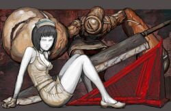 1girls 1monster 2d 2d_(artwork) black_hair blue_eyes bob_cut cleavage closer creepy demon_nurse frown full_body gloves horror looking_at_viewer medium_breasts monster no_eyebrows nurse nurse_(silent_hill) nurse_cap nurse_uniform painting_(artwork) pyramid_head short_hair silent_hill silent_hill_3 sitting sleeveless weapon white_skin