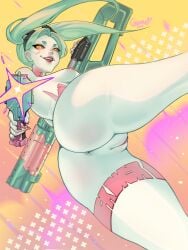 1girls anus ass big_ass body_writing breasts casual cyberpunk:_edgerunners cyberpunk_2077 cyborg female female_only firearm green_hair greenu gun handgun human long_hair naked nipples nude nude_female pale_skin pussy rebecca_(edgerunners) red_sclera shotgun small_breasts thick_thighs twintails vagina weapon yellow_eyes