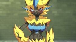 big_breasts blue_eyes blush blushing_at_viewer cat_girl detailed_background drunkoak feline female female_focus female_only hand_on_hip legendary_pokémon muscular_female oerba_yun_fang pokémon_(species) pokemon toned toned_female zeraora