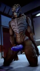 1boy 3d 3d_(artwork) absurd_res alien bed big_penis blue_penis bodily_fluids digital_media_(artwork) dripping erection furniture garrus_vakarian genital_fluids genitals hand_on_penis hi_res kneeling knot male male_only mass_effect nude on_bed penile penis pillow precum precum_drip rush2112 solo solo_male source_filmmaker turian video_games visor