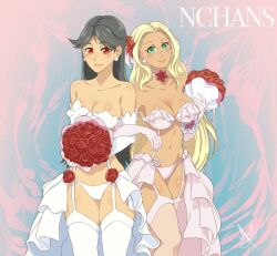 2girls amachan black_hair blonde_hair bouquet bra breasts bride choker earrings female female_only flower_in_hair flowers garter_belt garter_straps gloves green_eyes holding_bouquet jiuchan large_breasts lingerie long_hair looking_at_viewer nchans nchans_style panties red_eyes socks strapless_bra thigh_socks thighhighs wedding_dress wedding_lingerie white_bra white_garter_belt white_garter_straps white_lingerie white_panties white_socks wife_and_wife yuri