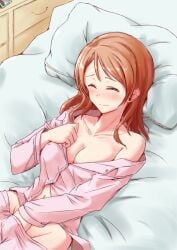 1girls bed breasts brown_hair closed_eyes cyde drawer hand_in_pants hojo_karen idolmaster idolmaster_cinderella_girls large_breasts long_hair masturbation navel nipple_bulge on_bed pajama_pants pajama_shirt pajamas pants picture_frame pillow pink_pants pink_shirt shirt